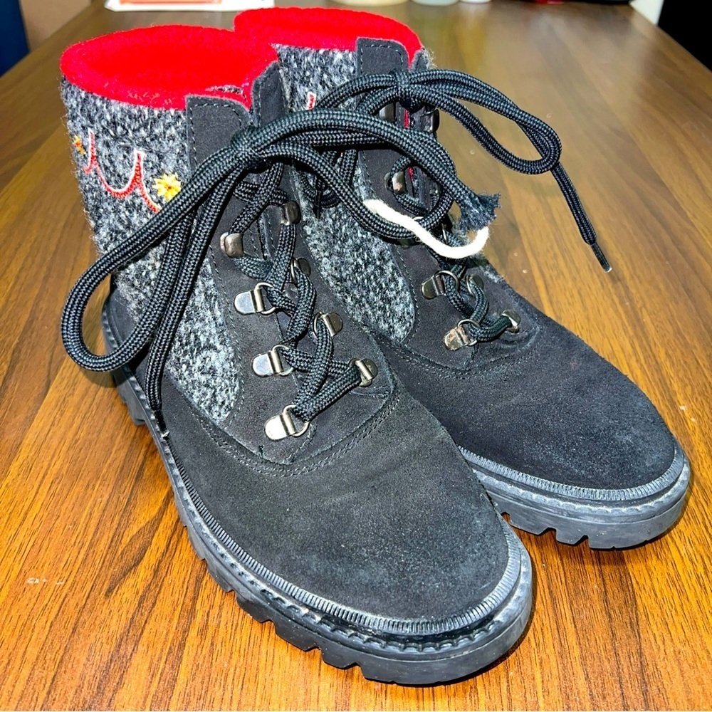 Vintg LL Bean Women’s 6M Black Suede Gray Red Wool Ankle Boots Italy Apres Ski